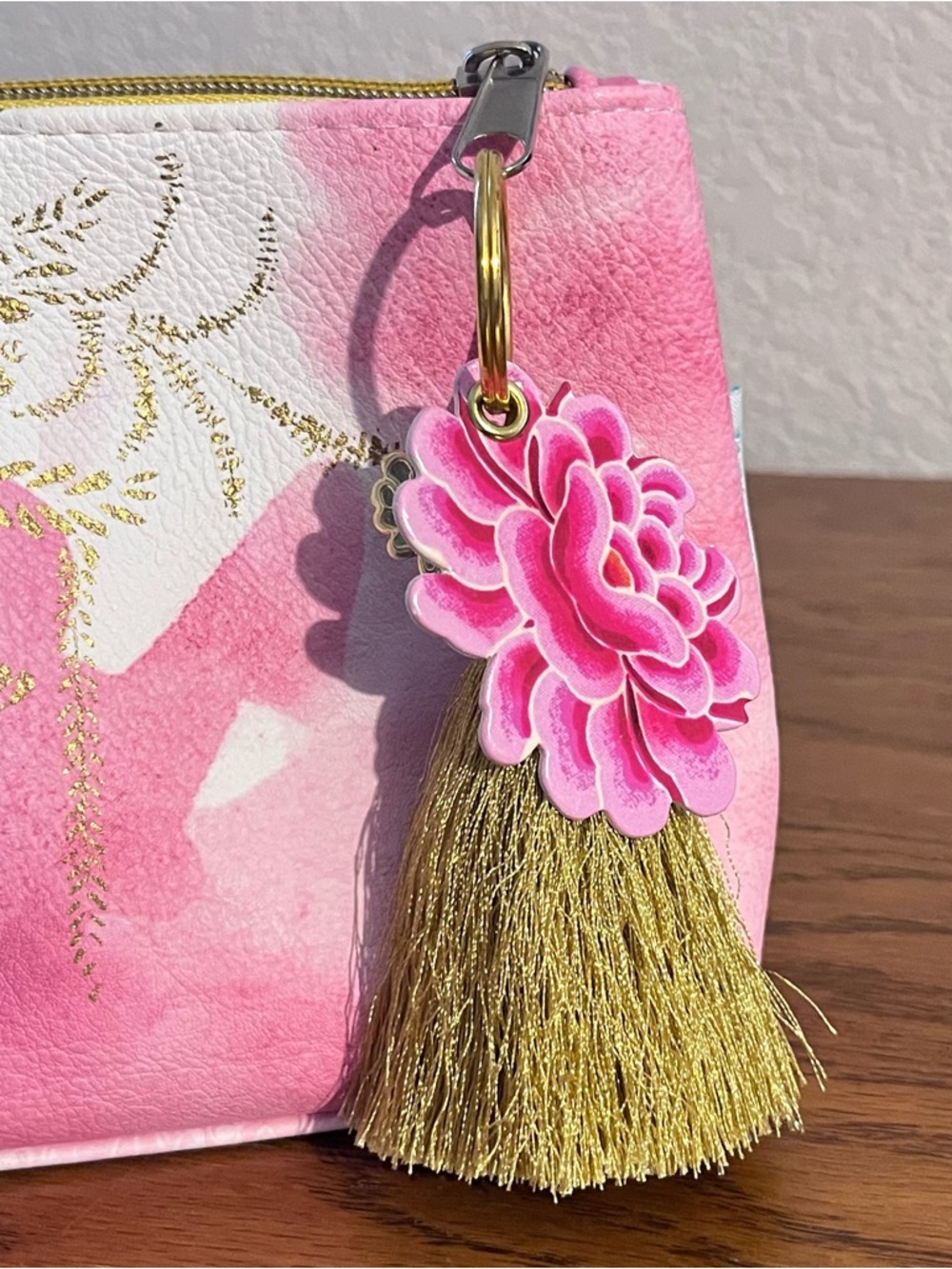 Papaya Blush Pink Watercolor Floral Tassel Bag With Keychain Charm